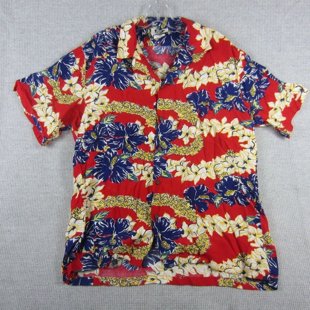 Hilo Hattie Hawaiian Shirt Mens Medium blue Red Short Sleeve Button Beach Summer
